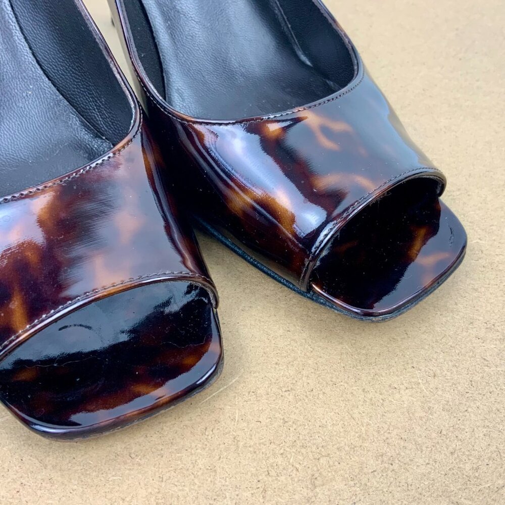 Stuart Weitzman Brown Patent Leather Tortoise Shell Peep Toe Pumps Size 9.5M - Picture 12 of 16
